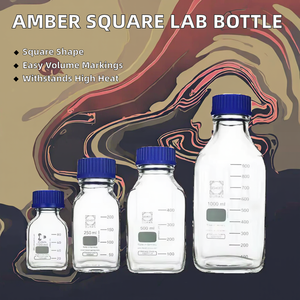 HS HS020 Botella de Laboratorio Cuadrada Graduada de Vidrio Ámbar Transparente Autoclavable para Medios y Reactivos, 1000ml, con Tapa de Rosca Azul, Garantía de 3 Años - Product Image 2