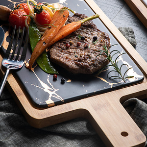 Assiette à steak en céramique marbrée de luxe pour restaurant occidental, planche à charcuterie, planche à découper en bois avec poignée - Product Image 3