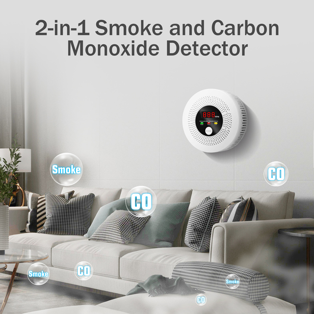 2 in 1 Smoke and Carbon Monoxide Combo Detector Battery Operated Photoelectric & Electrochemical CO Smoke Alarm with LCD Display
