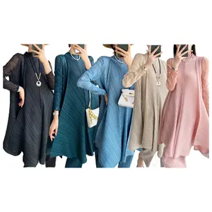 SIPO Muslim Women Chiffon Pleated Loose Hem Irregular Shirt Top And Pants Set Modest Fashion Wear 2 Piece Set Women