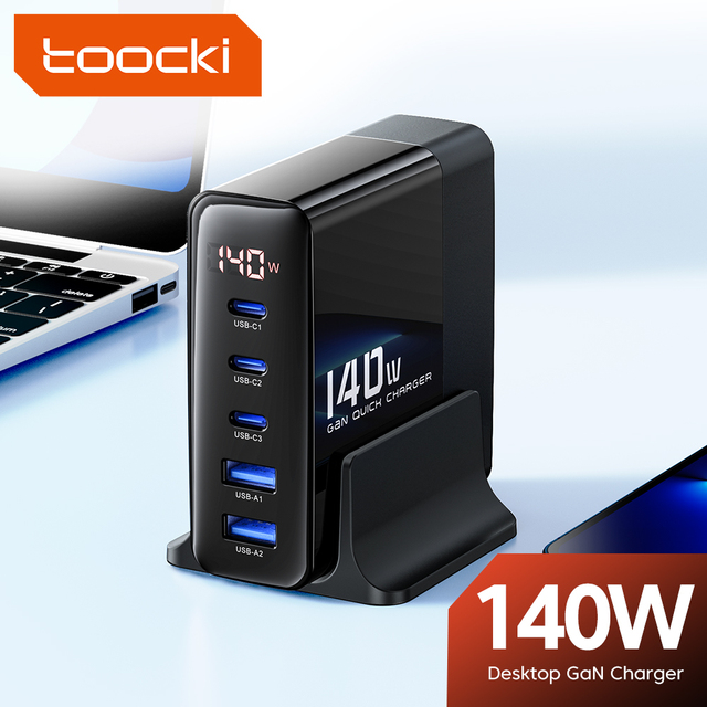 Toocki 140W High Power GaN Multi-Port Desktop Charger with Digital Display 5 Outputs Fast Charger for Laptop Home Office Desk
