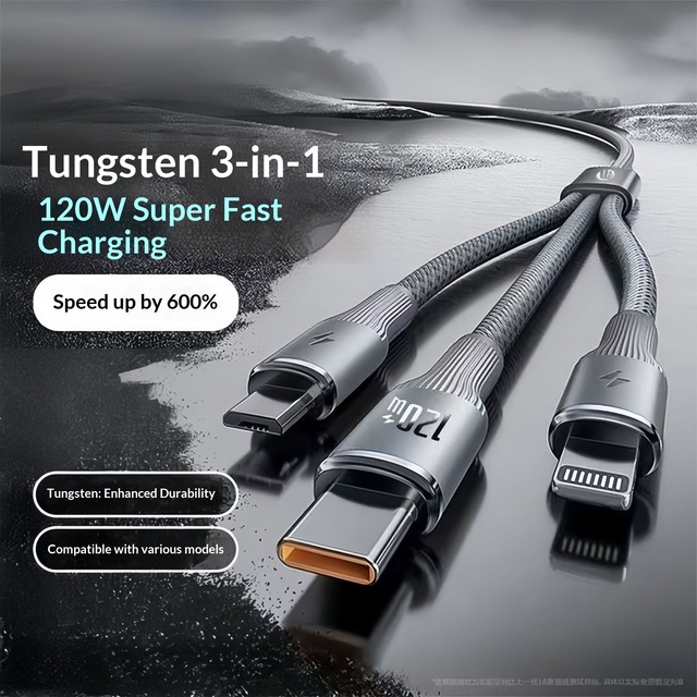 Three-in-one 120W Super Fast Charging Braided Mobile Phone Charging Cable for //Micro USB & Type-C Android Devices