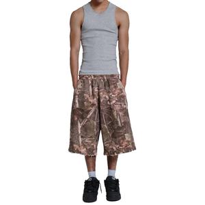Custom Woodland Camo Jogger <b>Shorts</b> Cotton Fleece <b>Sweatpants</b> Oversized Distressed Hem Raw Edge Joggers <b>Shorts</b> - Product Image 3