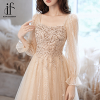 Robe de soirée longue en tulle champagne pour femme, ornée de perles, à manches longues, coupe trapèze, pour bal de promo, mariage ou soirée formelle, OEM