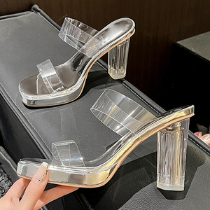 2025 New Fashionable and Sexy Square Head Women's High Heels Transparent Holiday Bar Party Transparent Women's <b>Shoes</b> - Product Image 4