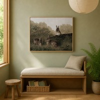 SEQIAO Tableau sur toile imprimé avec cadre en bois vert vintage, motif lapins, décoration d'intérieur chinoise pour chambre, salle à manger, salle de bain, art mural
