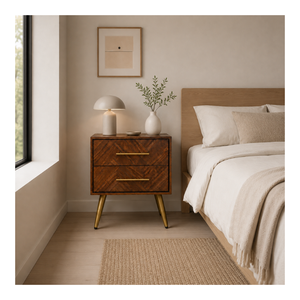 Mesa de Noche de Madera Chevron con 2 Cajones, Estilo Moderno de Mediados de Siglo, OEM ODM, Suministro Directo del Proveedor, Muebles de Dormitorio - Product Image 1