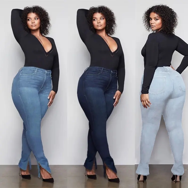 2020 fall fashion hot sell 5XL plus size denim pants high waist slim fit women's jeans solid color