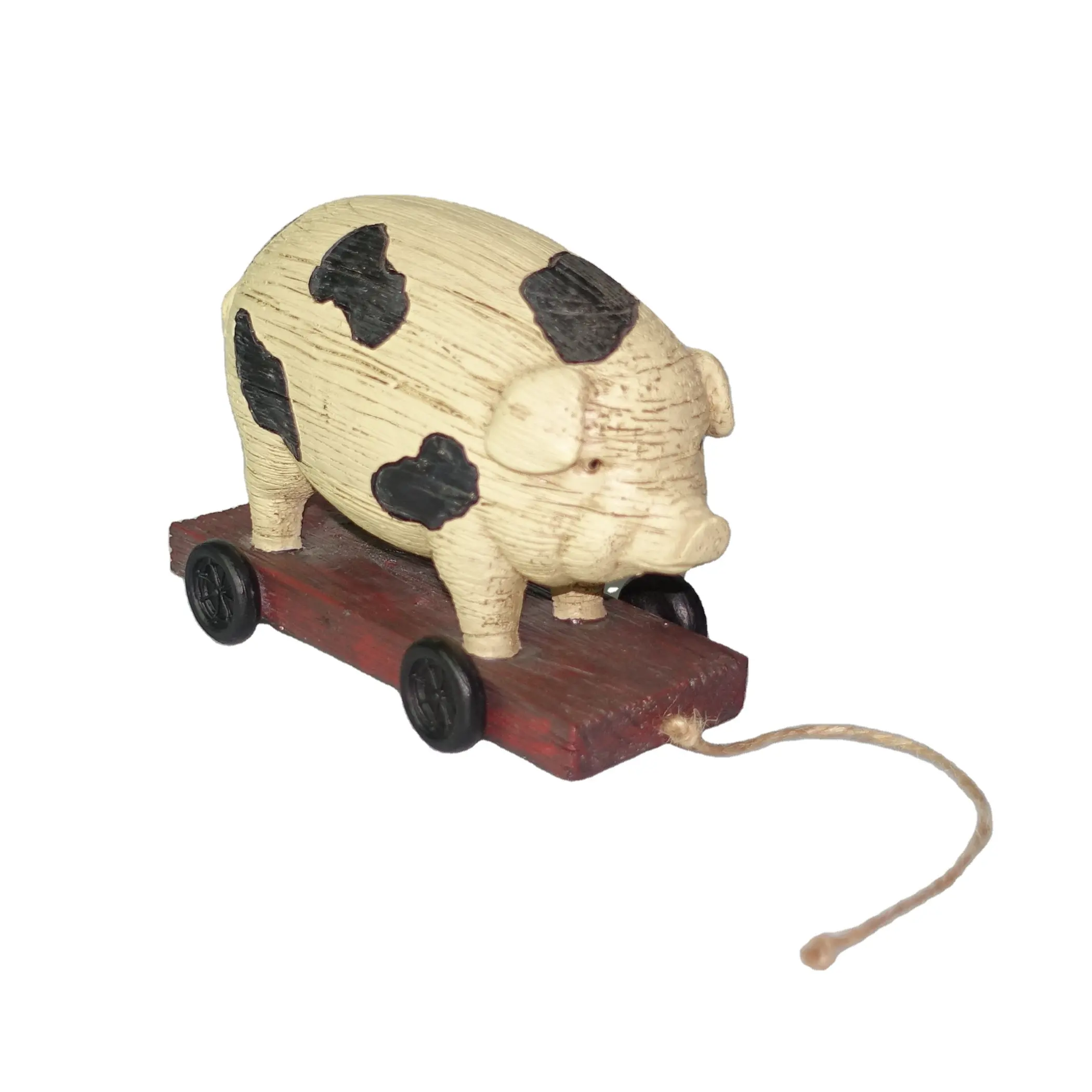 Harz Farm Animal Pull Toys 3 Sty Pig Statue mit Rad zum Verkauf