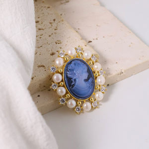 Perles naturelles camée <span class=keywords><strong>bleu</strong></span> sculpté incrusté Zircon broches femmes mode bijoux broches perle <span class=keywords><strong>broche</strong></span> madame cadeau - Product Image 4