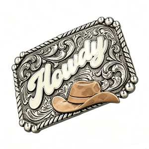 Custom Zinc Alloy Western Belt Buckle Cowboy Hat Floral Love Design Soft Enamel Antique Silver Engraved Finish Die Cut Printing - Product Image 3