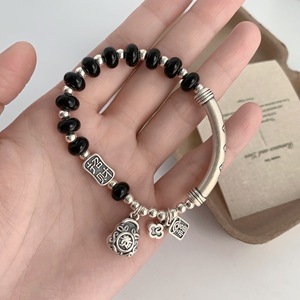 Black Agate S925 Sterling <b>Silver</b> Curved Tube Bracelet Vintage Chinese Style Lucky <b>Charm</b> Unisex Jewelry Everyday Wear - Product Image 1
