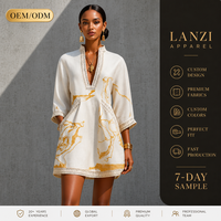 Kaftan d'été en lin effet flammé à col en V, coupe mini trapèze, avec poches et manches 3/4 en dentelle crochetée, marque privée