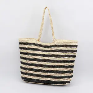 Desain bergaris dari alam jerami kertas anyaman tas pantai garis tas tote untuk tas tangan wanita