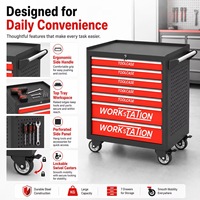 Armoire à outils roulante à 7 tiroirs en acier avec revêtement en poudre rouge, coffre à outils verrouillable, tiroirs profonds pour garage, atelier, rangement