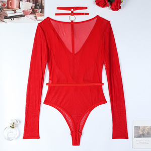Hot luxe à manches longues transparent maille une pièce body nouveau épissage suspendu cou col en V ensemble de Lingerie - Product Image 6