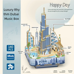 Caja de música de madera DIY del Burj Khalifa, rompecabezas 3D del horizonte de Dubái con melodía, adorno dinámico de la ciudad, regalo coleccionable, decoración, juguete. - Product Image 2