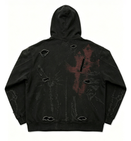 Sweat à capuche zippé sur mesure style punk sombre, déchiré, noir délavé vintage, motif croix totem gothique, style streetwear pour homme