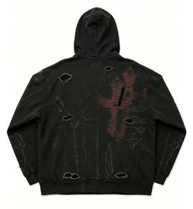 Custom-made Dark Punk Ripped Zip-up Hoodie Vintage Faded Black <strong>Gothic</strong> Totem Cross Pattern Street Style Men's Hooded <strong>Jacket</strong> - Product Image 2