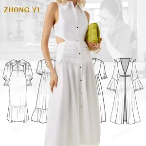 Factory Custom 2024 Fashion Shirt Stand Collar Dress Show Waist Button Pleated Ruffle White Women Gentle Clothing Casual Dress