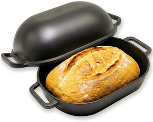 Marmite ovale en fonte pré-assaisonnée 2-en-1, antiadhésive, pour cuisson combinée, moule professionnel pour pain au levain artisanal - Product Image 1