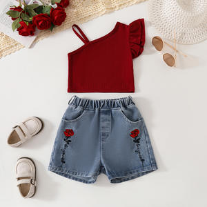 2025 Shorts in Denim per ragazze estate nuova tuta Casual gilet rosso a tinta unita e Hot Pants per Set da <span class=keywords><strong>bambina</strong></span> - Product Image 6