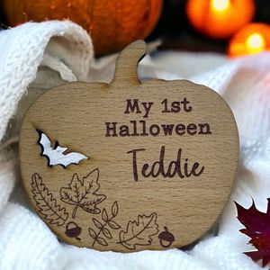 <b>Personalised</b> Baby's First Halloween Pumpkin <b>Wooden</b> Handmade <b>Sign</b> Social Media Photo Prop Milestone Keepsake Decoration Baby 1st - Product Image 2