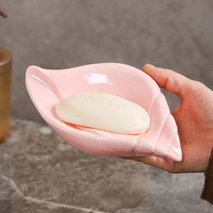 Ceramic Leaf <b>Soap</b> <b>Dish</b> White And Pink Self Drain Bathroom Decorative <b>Soap</b> <b>Holder</b> For Home And Bath - Product Image 3