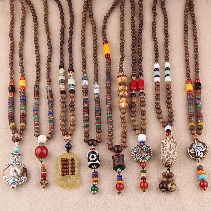 Vintage uzun ahşap kazak zinciri Bodhi kolye ahşap boncuk kolye el yapımı boncuklu ormanlık takı