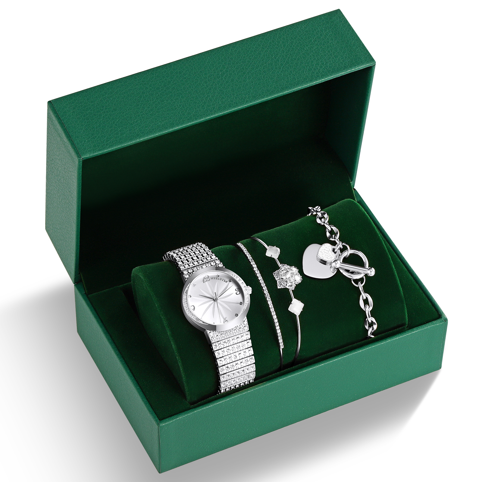 Sku:0221 cute‎ silver watch bracelet with green natural stone inserts + gift bag Shop Our 2023 Women main image 4
