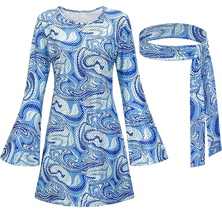 Robe disco bling bleue des années 60 et 70 avec bandeau