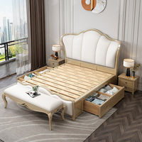 Lit en cuir de style moderne américain Lit de mariage de chambre à coucher Lit double rétro européen luxueux en bois massif sculpté