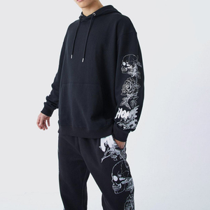 Men's Black Hooded Sweatshirt Set With Front Print Pocket Regular Fit Casual Autumn Wear - Product Image 2