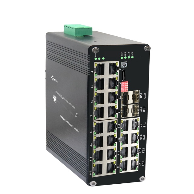 Industrial L2+ Managed 24-Port Gigabit Switch | 24 10/100/1000T + 4 1000X SFP | USB-C Management, DIN-Rail, -40°C to 80°C