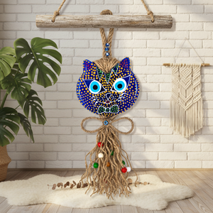 Hecho a mano y dibujo a mano forma de gato Glas mal de ojo mimbre adorno colgante de pared decoración del hogar protección del hogar - Product Image 3