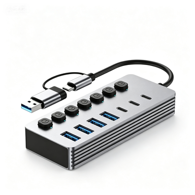 7 in 1 USB 3.0 Hub with Individual Power Switches, Dual USB-A & USB-C Multiport Docking Station for Laptop Smartphone PC