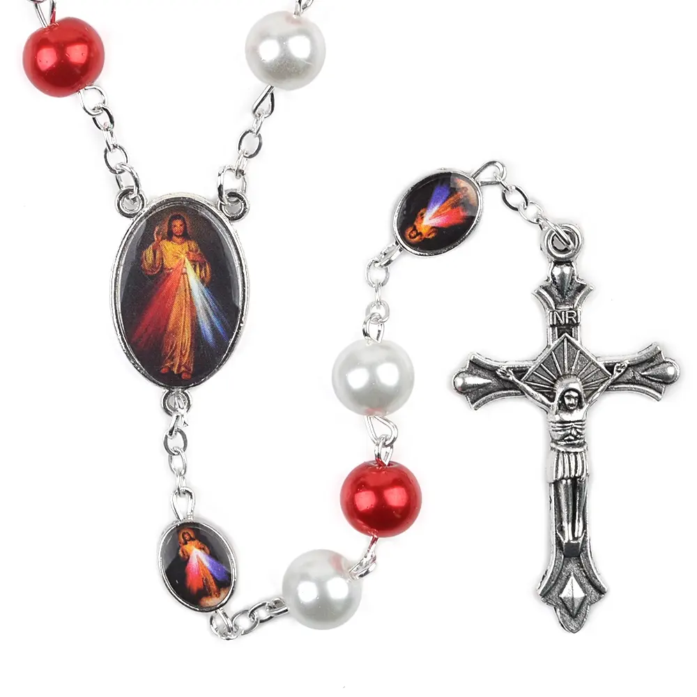 레드 화이트 8mm 유리 구슬 신성한 자비 묵주 선물 상자 예수 자비 금속 구슬 가톨릭 Rosaries