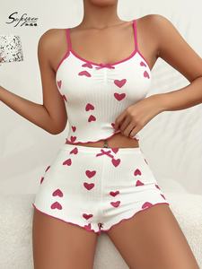 Sfy-y5165 vendita estiva Sexy <span class=keywords><strong>pigiama</strong></span> da <span class=keywords><strong>donna</strong></span> Sexy lavorato a maglia con stampa cuore e pantaloncini da notte completo da <span class=keywords><strong>donna</strong></span> 2 pezzi <span class=keywords><strong>pigiama</strong></span> da <span class=keywords><strong>donna</strong></span> - Product Image 2