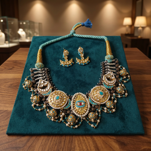 Parure de collier de mariage fusion Kundan de créateur, plaqué or, finition antique or et argent, avec cordon réglable - Product Image 4