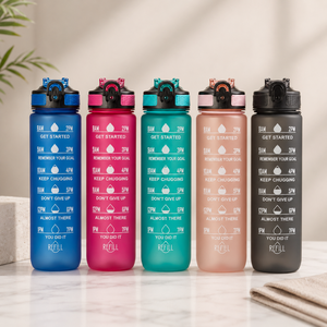 Botella Deportiva Reutilizable Ecológica con Acabado Esmerilado, Pajita de Plástico, Tapa Abatible y Marcador de Tiempo - Apta para Lavavajillas, Ideal para Fitness, Camping y Uso al Aire Libre - Product Image 1