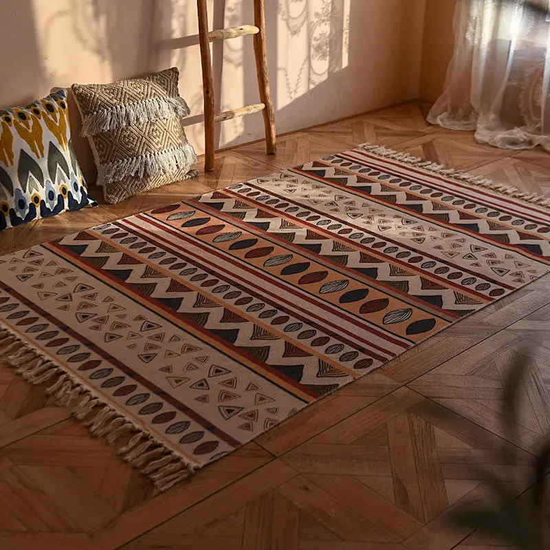 Tapis rétro coloré bohème tapis de jute tapis de sol géométrique en fibre naturelle tapis de salon