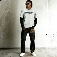 SOONREE Usine de fabrication OEM – Jean pour homme de haute qualité, patchwork uni, déchiré, style streetwear, denim délavé, haute couture