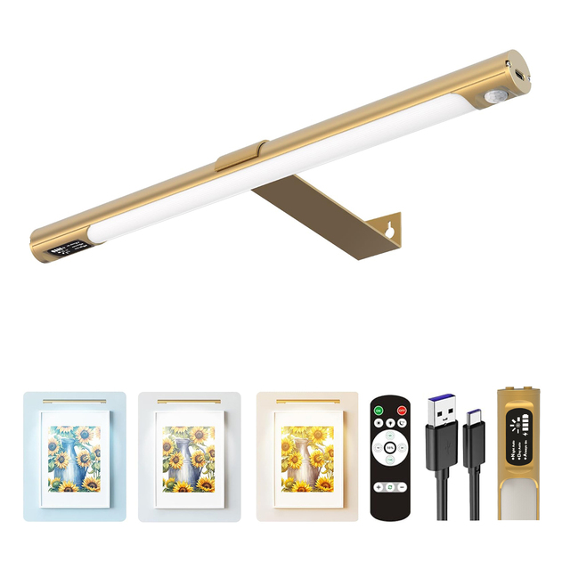 Picture Light Wall Rechargeable Wireless Remote Dimmable Magnetic LED Art Display Light 3 Color Temperatures (Gold) Living Room