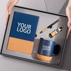Custom logo A5 Notebook Pen Keychain Cork Base Ceramic Coffee Cup <b>Mug</b> With Cork Bottom Festival Promotional Business Gift Set - Product Image 1