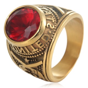 Yunnique Men's <b>Gold</b> Tone Steel <b>Ring</b> Red Rhinestone Geometric Bezel Setting Letter Design Vintage Military Style Fashion Jewelry - Product Image 1