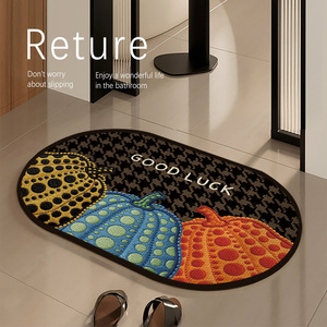Alfombra de baño estilo americano con diseño de calabaza, ovalada, de imitación de lino, absorbente, antideslizante, de secado rápido, para la entrada del baño o el inodoro. - Product Image 2