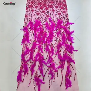 WFB-226 Keering nouveauté paillettes 3D fleur femmes mariage robe de soirée broderie Tulle tissu avec plume - Product Image 1