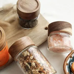 Vietnam WeWood Supplier Seal Spice Acacia Screw Cover Storage Container Glass Jar Wooden Lid