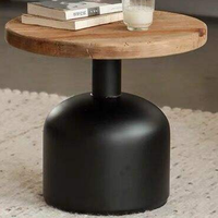 Meuble de salon de style industriel, table d'appoint ronde noire en fer et bois massif