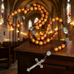 Bracelets de Saint Benoît rigides en acier inoxydable fini rouge, avec perles et pendentif Denario Varón Abad, et bracelet en cuir maillé avec cordon ajustable. - Product Image 3